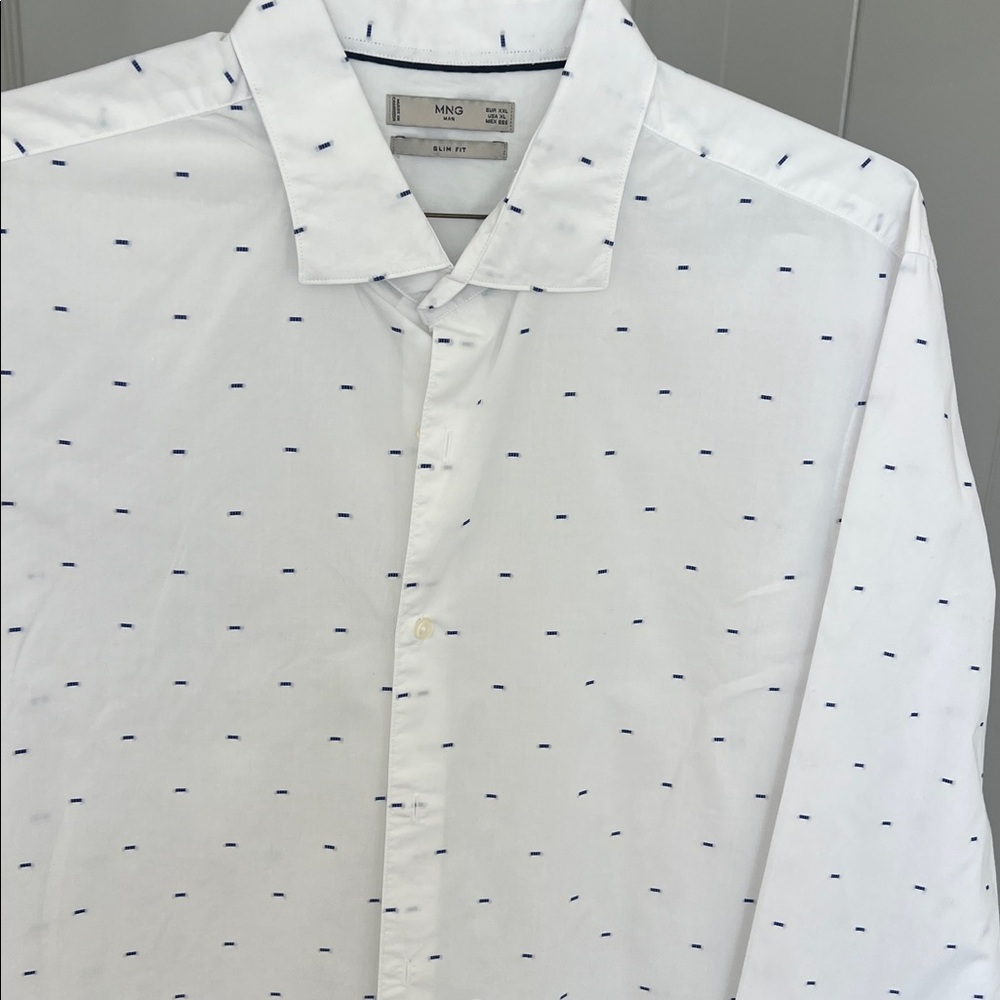 Mango White Long-Sleeve Dress Shirt with Navy Micro-patern - Picture 2 of 5